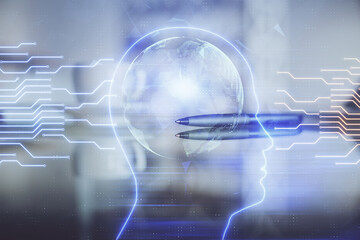 Double exposure of Ai data brain drawing over coffee cup background.