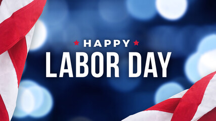 Happy Labor Day Text Over Defocused Blue Bokeh Lights Background with Patriotic American Flags Border