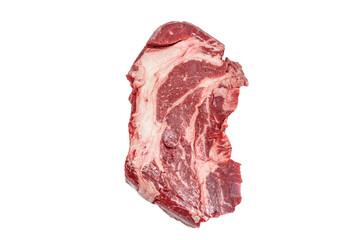 Raw Chuck Rol steak of marbled beef lies on a white background, isolated.