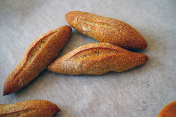 Basket of freshly baked baguette breads
