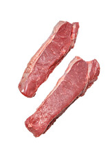 Raw Striploin steak of marbled beef lies on a white background, isolated.
