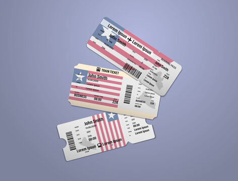 Modern design of Liberia airline, bus and train travel boarding pass. Three tickets of Liberia painted in flag color. Vector illustration isolated
