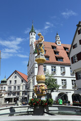 Marktbrunnen mit Ritterfigur, dahinter das historische Rathaus