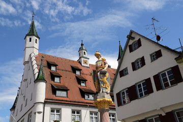Obraz premium Marktbrunnen mit Ritterfigur, dahinter das historische Rathaus