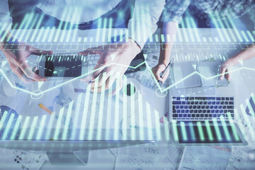 Double exposure of man and woman working together and data theme hologram drawing. Computer background. Top View.