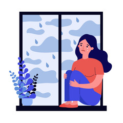 Sad unhappy girl crying at home. Depressed young woman sitting on window sill, embracing knees. illustration for mental disorder, depression, illness concept
