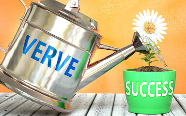 Verve helps achieving success - pictured as word Verve on a watering can to symbolize that Verve makes success grow and it is essential for profit in life and business, 3d illustration