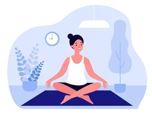 Fototapeten Woman doing morning yoga at home flat illustration. Female character sitting in calm posture. Wellness, healthcare and lifestyle concept © Bro Vector
