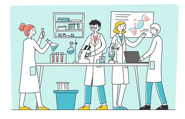 Lab scientist conducting research work flat illustration. Medical student doing tests and mixing chemicals at laboratory scene. Science, chemistry and medicine concept