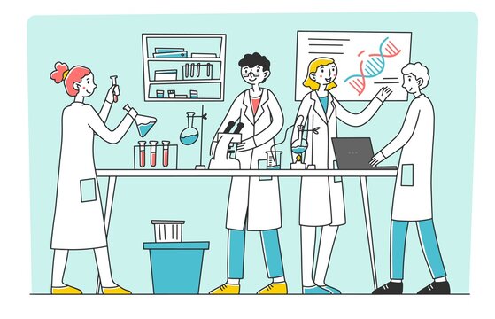 Lab scientist conducting research work flat illustration. Medical student doing tests and mixing chemicals at laboratory scene. Science, chemistry and medicine concept