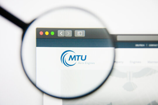 Los Angeles, California, USA - 14 February 2019: MTU Aero Engines AG aerospace website homepage. MTU Aero Engines AG logo visible on display screen.