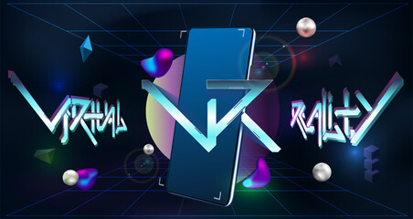 Virtual reality and Augmented reality concept. Shapes for mobile app. VR logo layout with 3d smartphone. Modern banner for web design. Futuristic poster with VR neon. Vector illustration