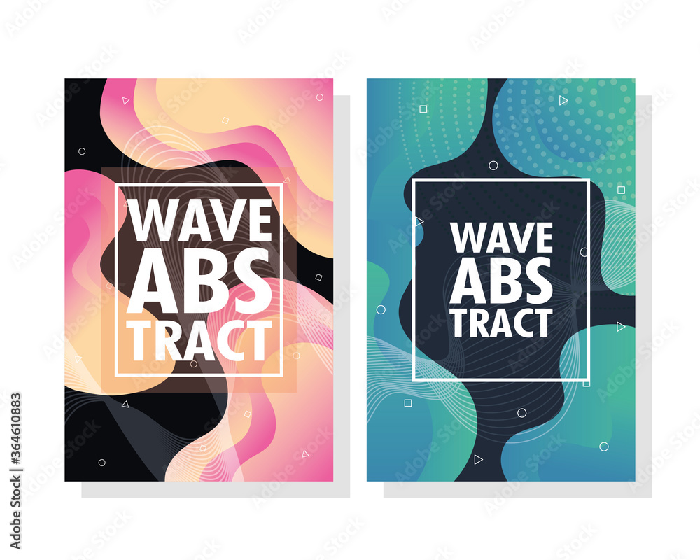 Poster wave abstract with lettering and squares frames in colors backgrounds