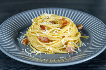 Classic spaghetti carbonara in closeup
