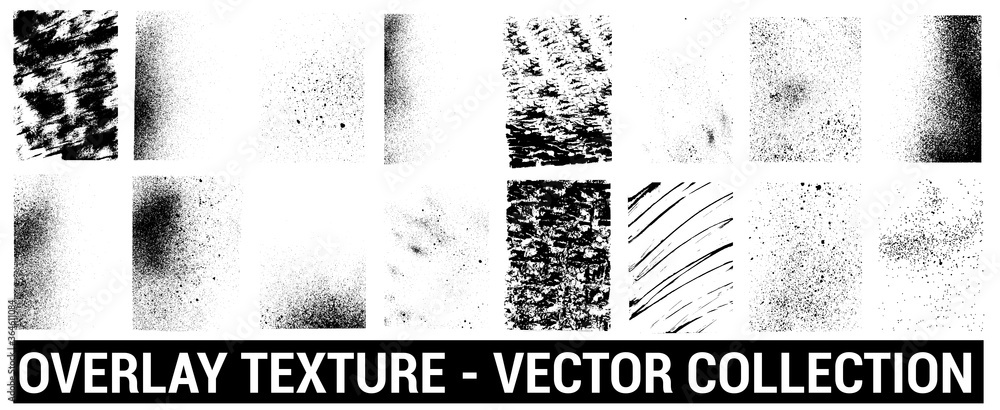 Poster Overlays grunge template. Different texture mockups with splay effect and drop ink splashes. Dirty grainy stamp and scratches and damage marks. Urban grunge overlay. Vector set