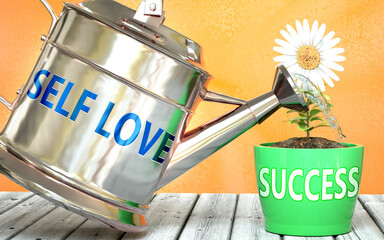 Self love helps achieving success - pictured as word Self love on a watering can to symbolize that Self love makes success grow and it is essential for profit in life and business, 3d illustration