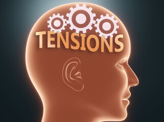 Tensions inside human mind - pictured as word Tensions inside a head with cogwheels to symbolize that Tensions is what people may think about and that it affects their behavior, 3d illustration