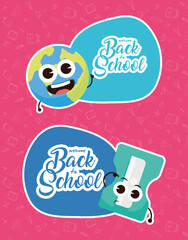 back to school poster with earth planet and sharpenner kawaii characters