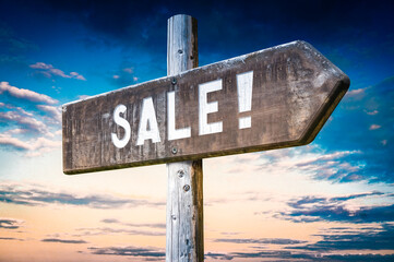 Sale! - wooden signpost, roadsign with one arrow