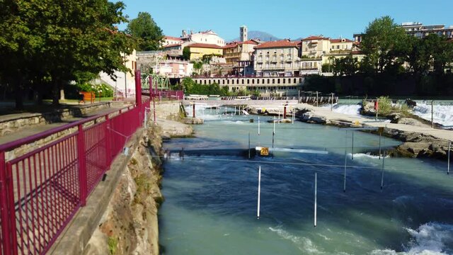 Dora Baltea river passes through the city of Ivrea, Turin, Piedmont, Italy