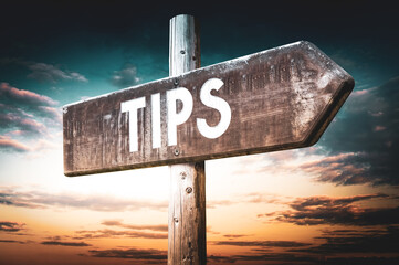 Tips - wooden signpost, roadsign with one arrow
