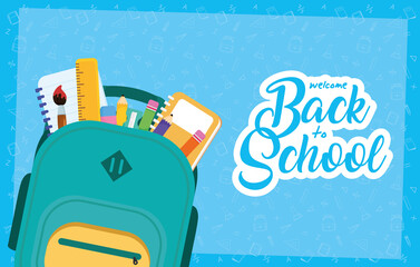 back to school poster with schoolbag and supplies