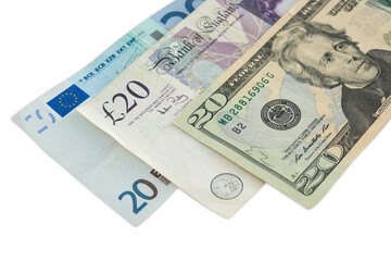 banknotes, pound sterling, dollar and euro, closeup