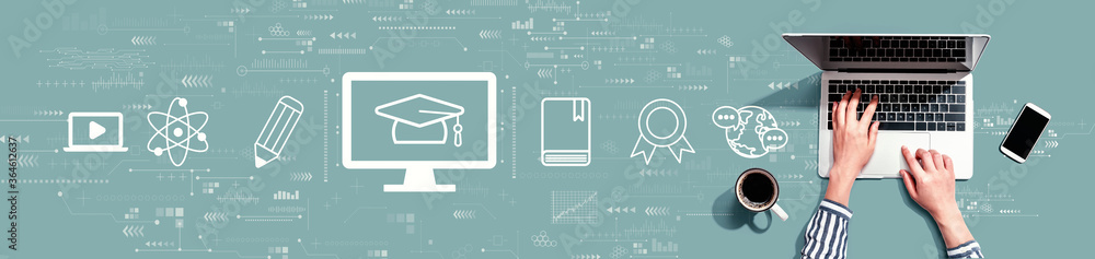 Poster e-learning concept with person using a laptop computer