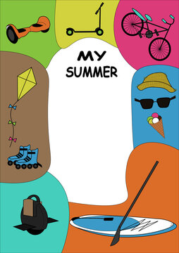 Colorful frame with sport goods for your summer photo or text. Good design for "How I spent summer" essay.  Or for social media page. Can be an ads of sports store.