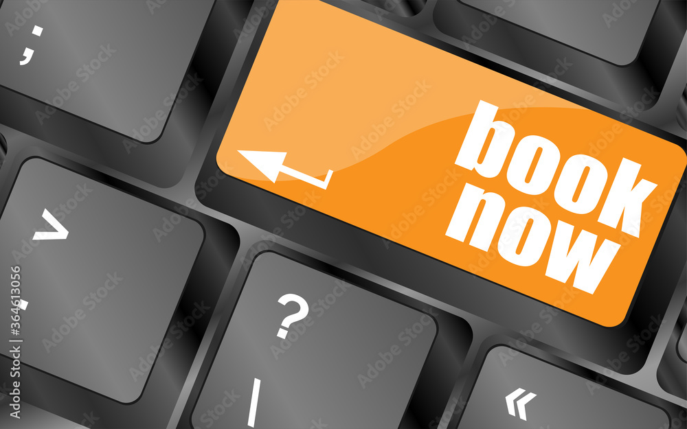 Poster book now button on keyboard key, web icon, web button
