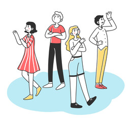 Selfish young people with arrogant and angry behavior flat illustration. Characters standing lonely in pride. Society and communication problem concept.