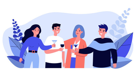 Young friends drinking cocktails at party flat illustration. Happy teenager characters smiling, rousing cheers together and celebrating. Alcohol drink and friendship concept
