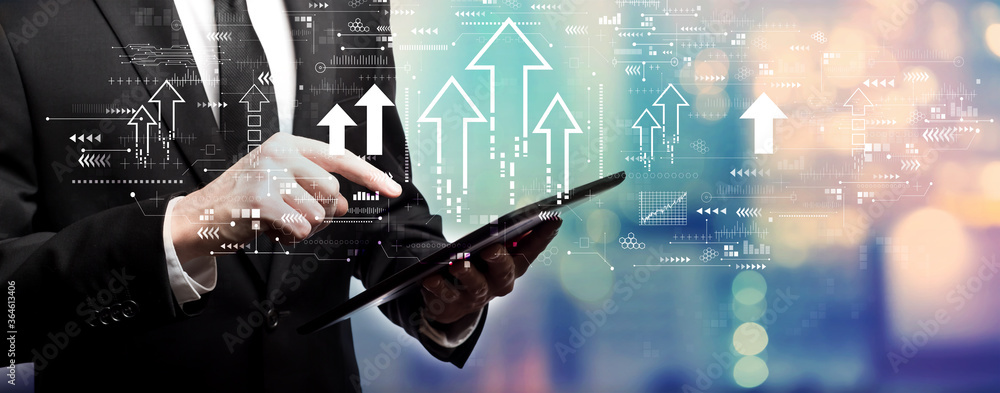 Poster rising arrow theme with businessman using his tablet computer