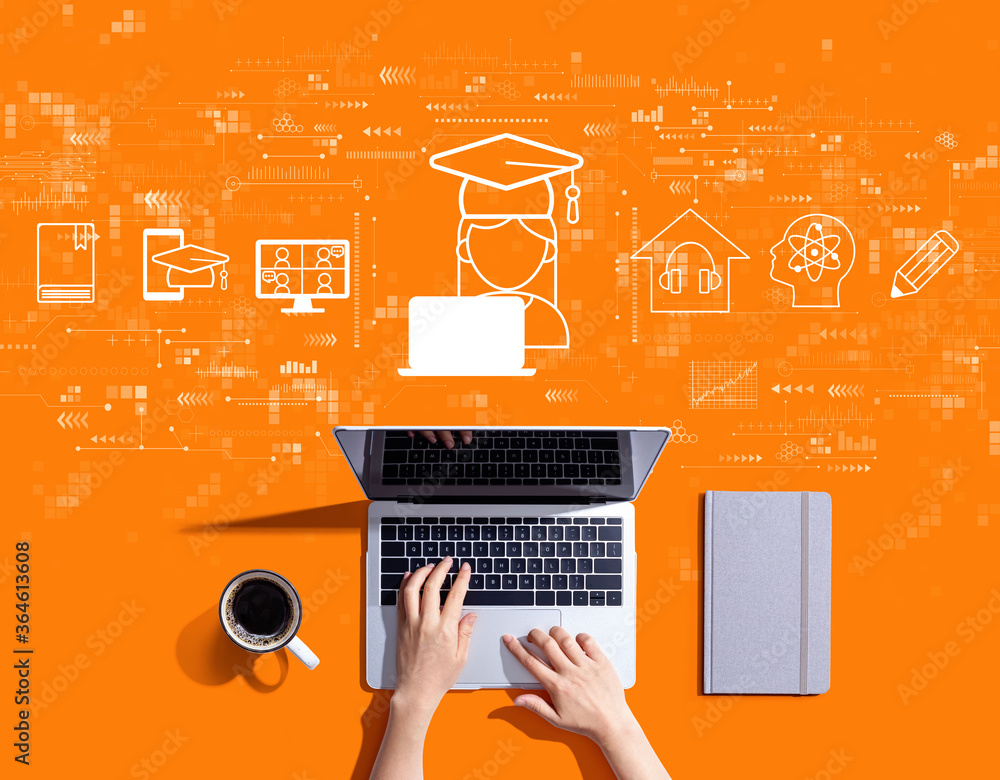 Poster distance learning theme with person using a laptop computer