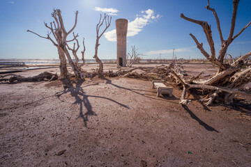Abandoned town. City abandoned by a flood, in Epecuen ghost town. Dead trees in the lake with its houses in ruins. Desolate landscape