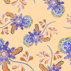 Fototapeta na wymiar Watercolor seamless pattern with flowers and leaves in ethnic style. Floral decoration. Traditional paisley pattern. Textile design texture.Tribal ethnic vintage seamless pattern. 