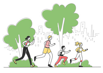 Happy people running marathon in city park flat illustration. Family jogging together. Man and woman with kids going in for sports. Lifestyle and health concept