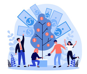 Cheerful people investing finance flat illustration. Cartoon characters growing money tree. Financial wealth, growth and prosperity concept.