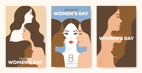 International Women's Day. Female diverse faces of different ethnicity poster. Women empowerment movement pattern. Vector templates for card, poster, flyer and other users.