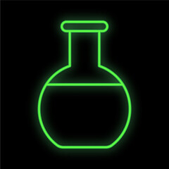 Bright luminous green medical medical scientific digital neon sign for a pharmacy store or hospital laboratory. A beautiful shiny flask or test tube on a black background. Vector illustration
