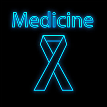 Bright luminous blue medical digital neon sign for a pharmacy or hospital store beautiful shiny with a ribbon and the inscription medicine on a black background. Vector illustration