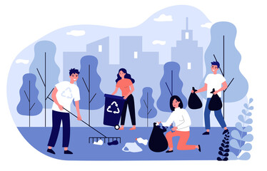 Happy volunteers collecting garbage in city park flat illustration. People cleaning environment nature in team. Ecology and clean planet concept