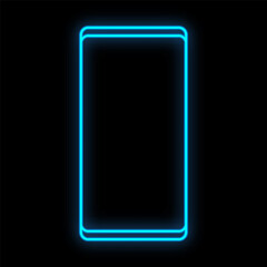 Bright luminous blue digital neon sign for marazin or workshop service center is beautiful shiny with a modern mobile phone smartphone on a black background. Vector illustration