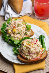 Tuna salad sandwich. Classic traditional American lunch menu item favorite, tuna fish sandwich. Albacore tuna, chopped celery, diced carrots, bell peppers, mayo, lemon juice and seasoned w/ s&P