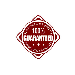 100% satisfaction and quality guaranteed red circle stack on square vector badge with stars isolated on white background, unique vintage rubber stamp concept