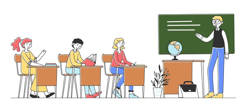 Happy student at college classroom studying lesson flat illustration. Young people in class listening lecture and teacher explaining theme. Education and teamwork concept