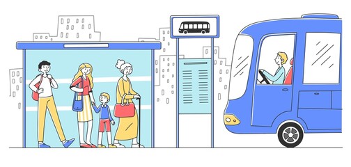 Passengers waiting for bus and standing at bus stop flat illustration. Driver sitting in auto. Man and woman with bag, backpack and suitcase. Transportation and public transport concept