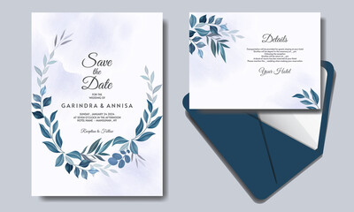  Elegant wedding invitation card with    leaves template Premium Vector