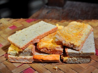 Close up of tempeh oncom. Traditional Indonesian food