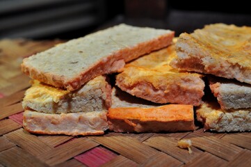 Close up of tempeh oncom. Traditional Indonesian food